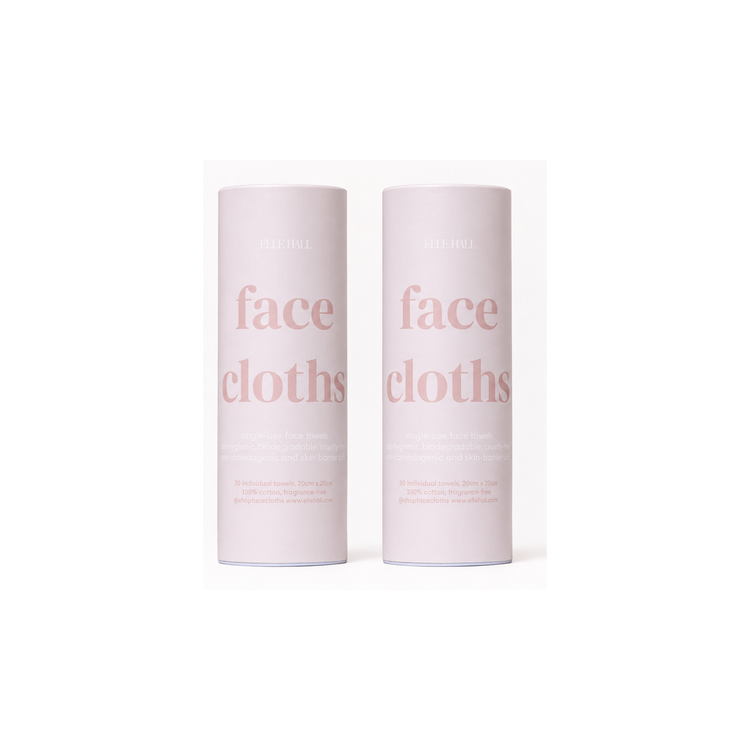 Two pink face cloths tubes, 60 single-use face towels