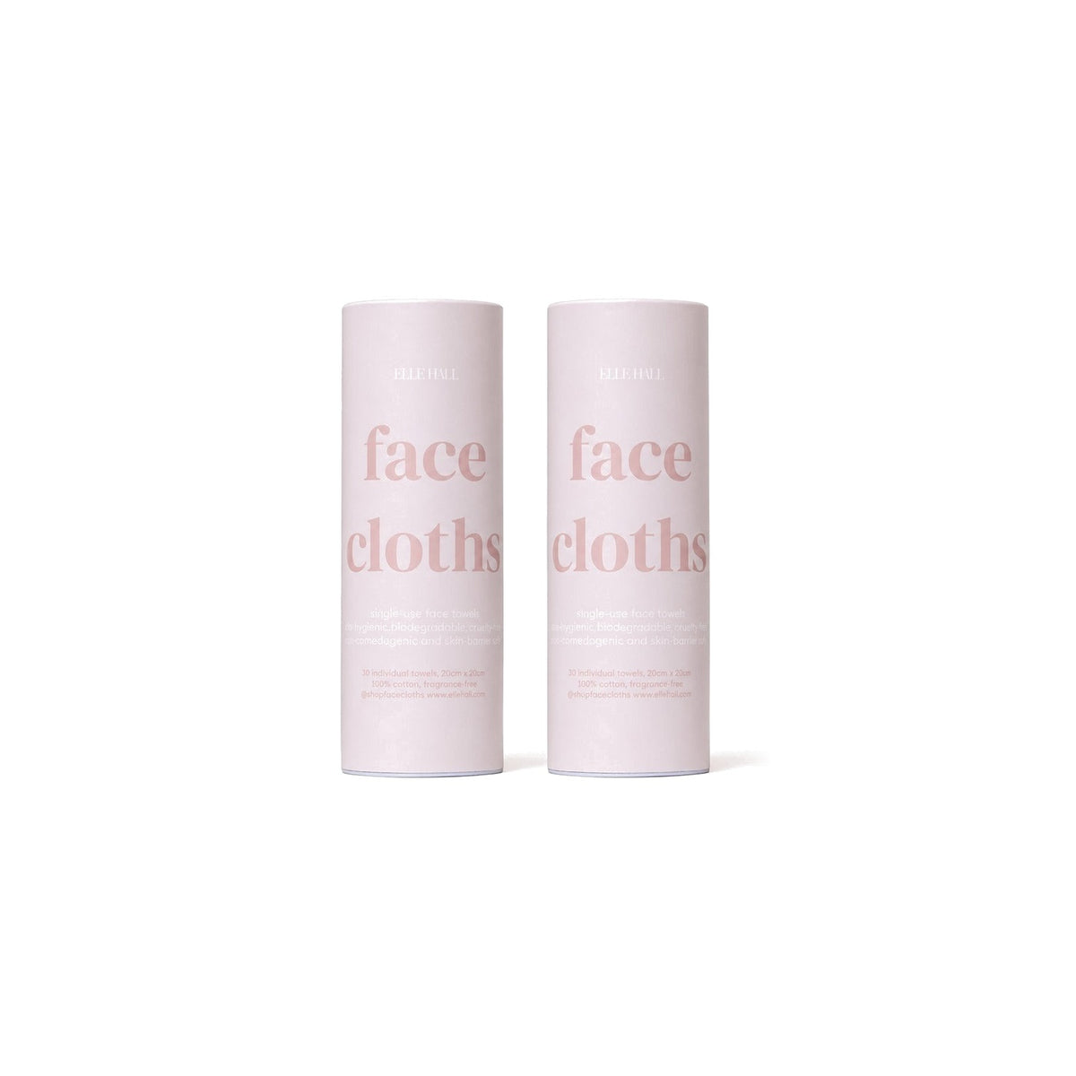 Two pink face cloths tubes, 30 single-use face towels in each