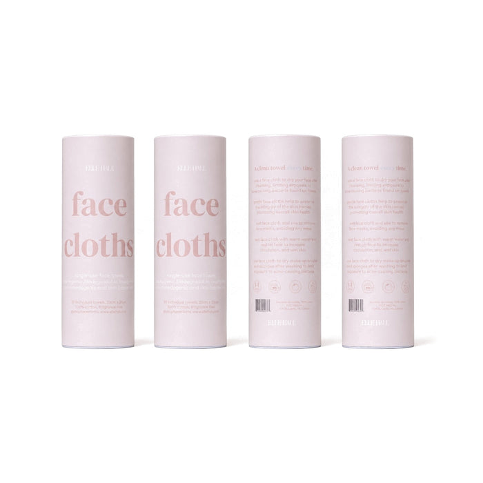 Four pink face cloths tubes, 30 single-use face towels in each