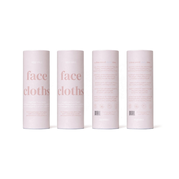 Four pink face cloths tubes, 30 single-use face towels in each